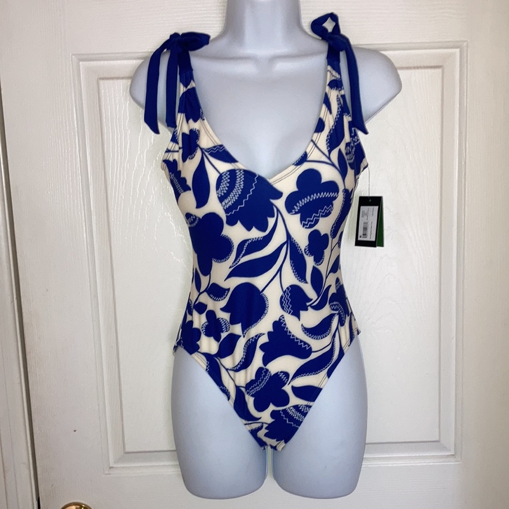 Kate Spade New York Shoulder Bow Tie V-Neck One-Piece Blue Berry Small NWT